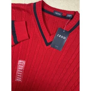 IZOD Pullover V-neck Sweater Medium Cable Knit 100% Cotton Red Preppy Classic